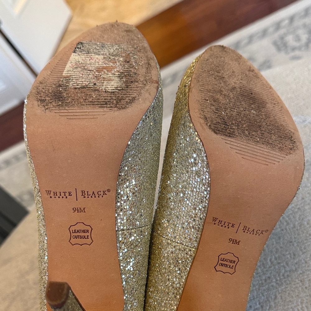 White House Black Market Sparkling Gold Peep-Toe Heels - Picture 4 of 4